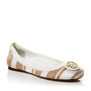 Tory Burch Caroline Woven Tan and White Flats